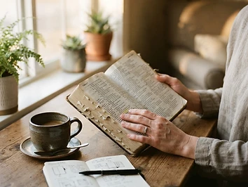 Hands holding an open Bible in warm morning light by a window