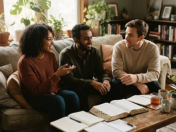 Three friends in conversation on a couch with an open Bible on the table