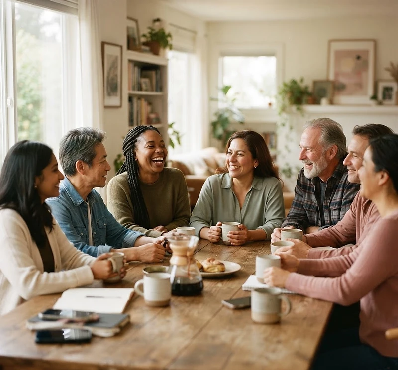 A diverse group of adults sharing coffee and genuine conversation around a sunlit table