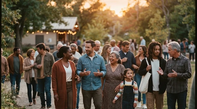A diverse, multi-generational community walking and talking together at golden hour