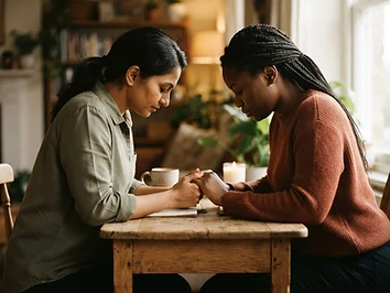 Two people holding hands and praying together in soft window light