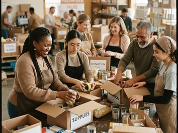 Volunteers of different ages packing food boxes together around a table