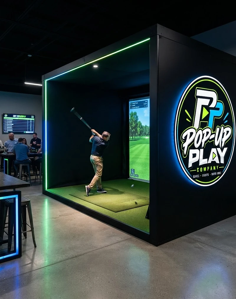 Sleek black indoor golf simulator with PopUp Play Co. logo at an event