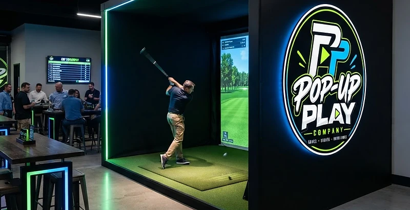PopUp Play Company mobile golf simulator set up at an indoor event