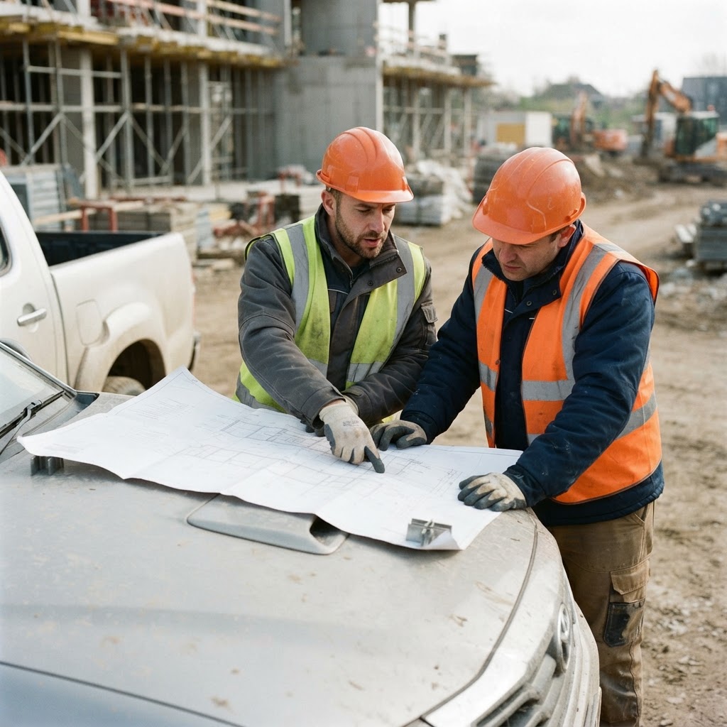 Sur un chantier, deux ouvriers casqués examinent de grands plans étalés sur le capot d'un camion.