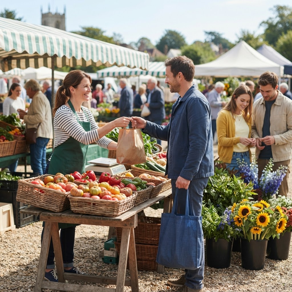 An outdoor farmers' market on a sunny morning. In the center, a woman in a green apron stands behind a wooden table covered with baskets of tomatoes and peppers. She is handing a paper bag to a man holding a reusable shopping bag. On the right, a young couple is looking at flowers in buckets. Striped canopies and more stalls fill the background.