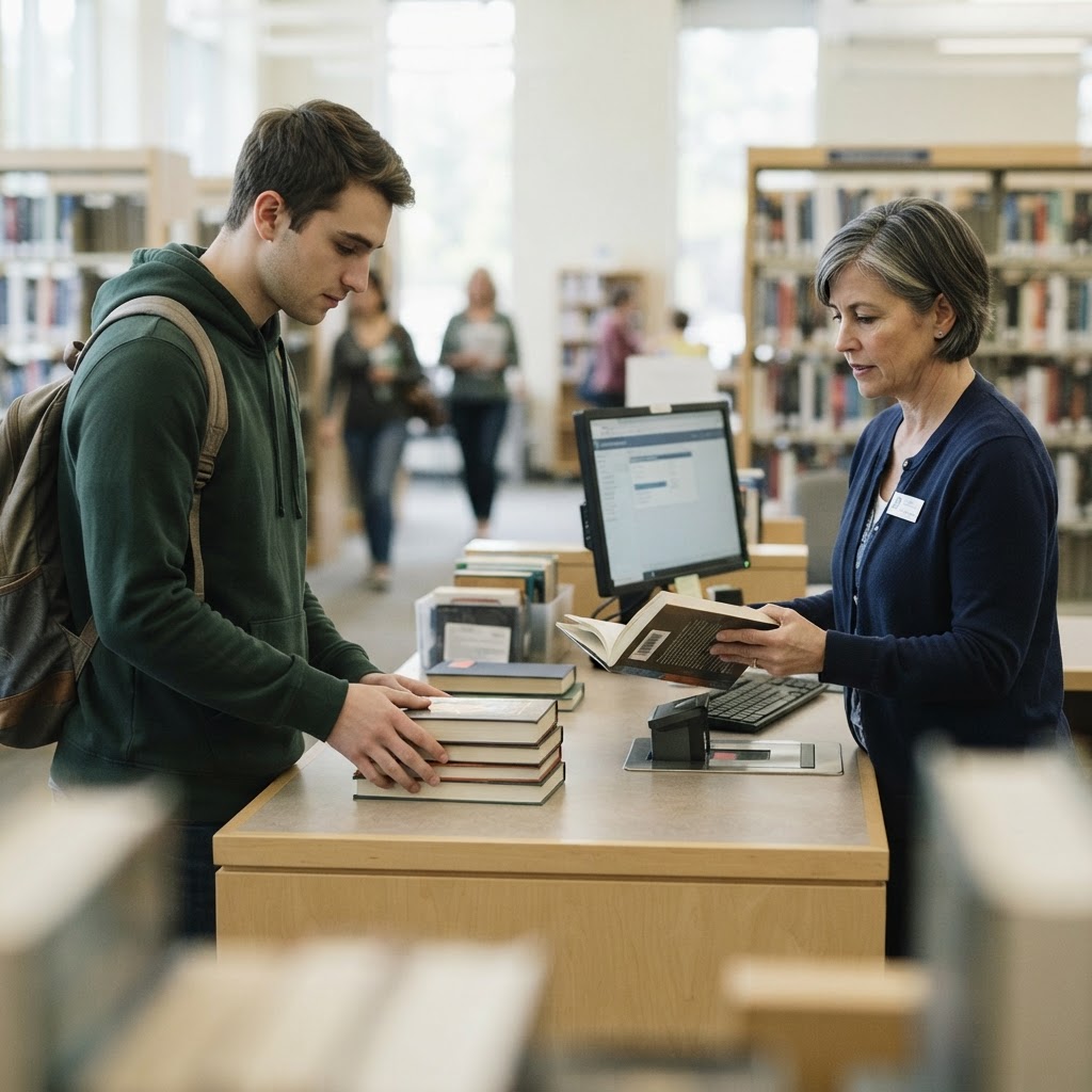 Dans une bibliothèque, un jeune homme rend des livres à l'accueil. Une bibliothécaire scanne l'un des livres.