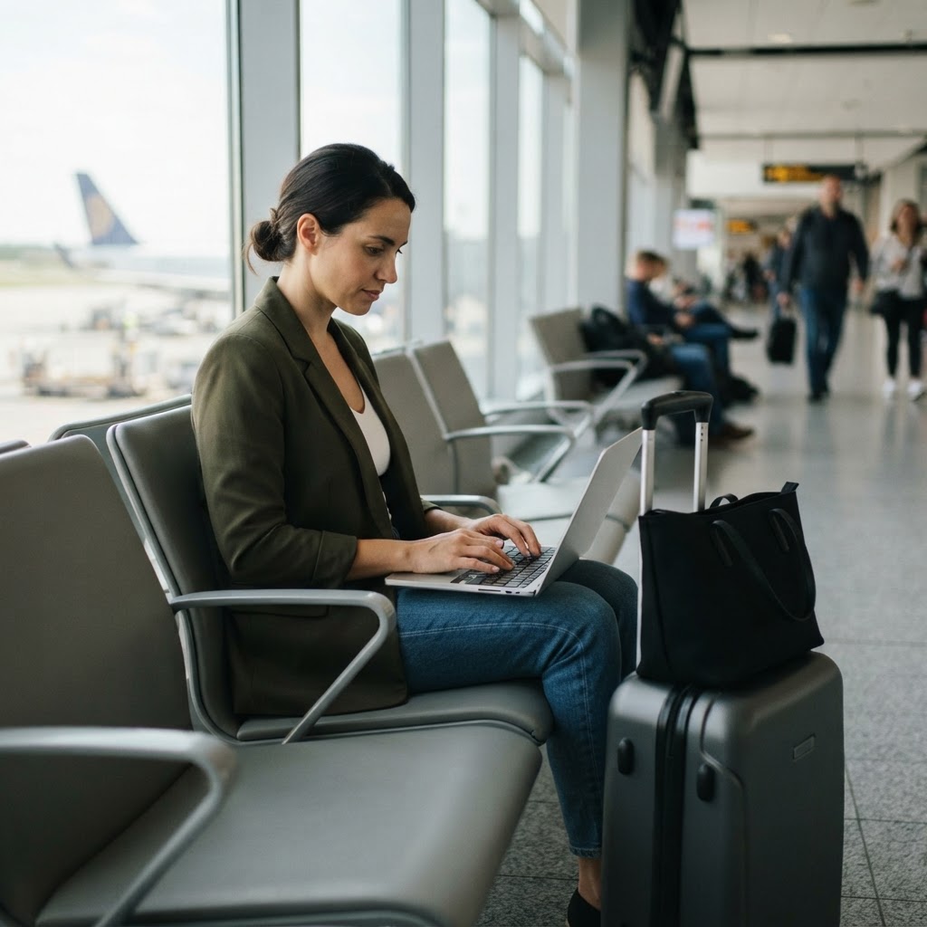 Une salle d'attente d'aéroport. Une femme est assise à côté de sa valise et tape sur un ordinateur portable.