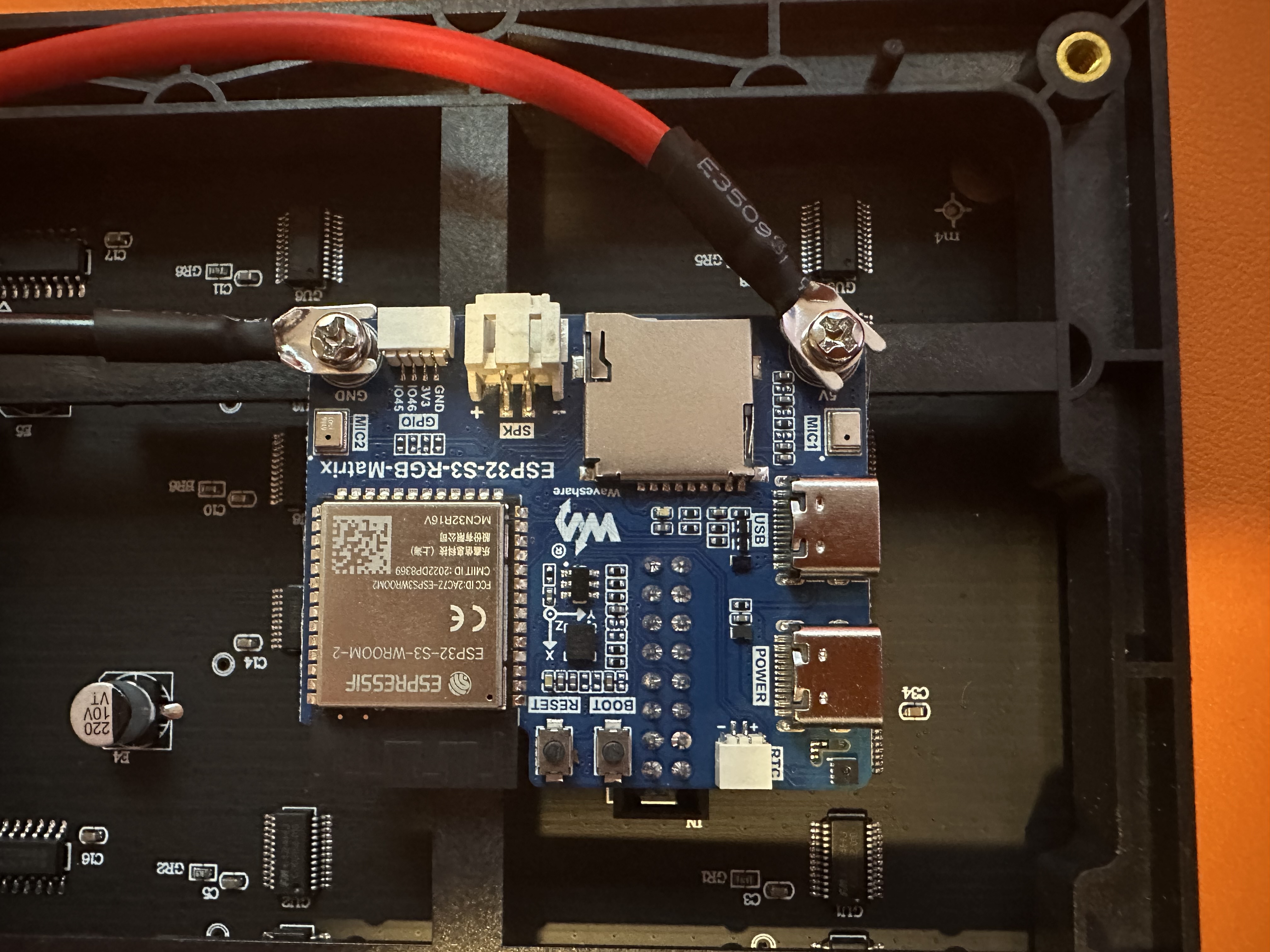 Close-up of power wiring on the ESP32 matrix driver board