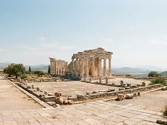 Sunlit ancient Greek stone courtyard with columns