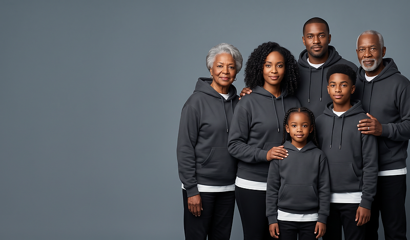 Multigenerational family in coordinated charcoal hoodies, studio portrait