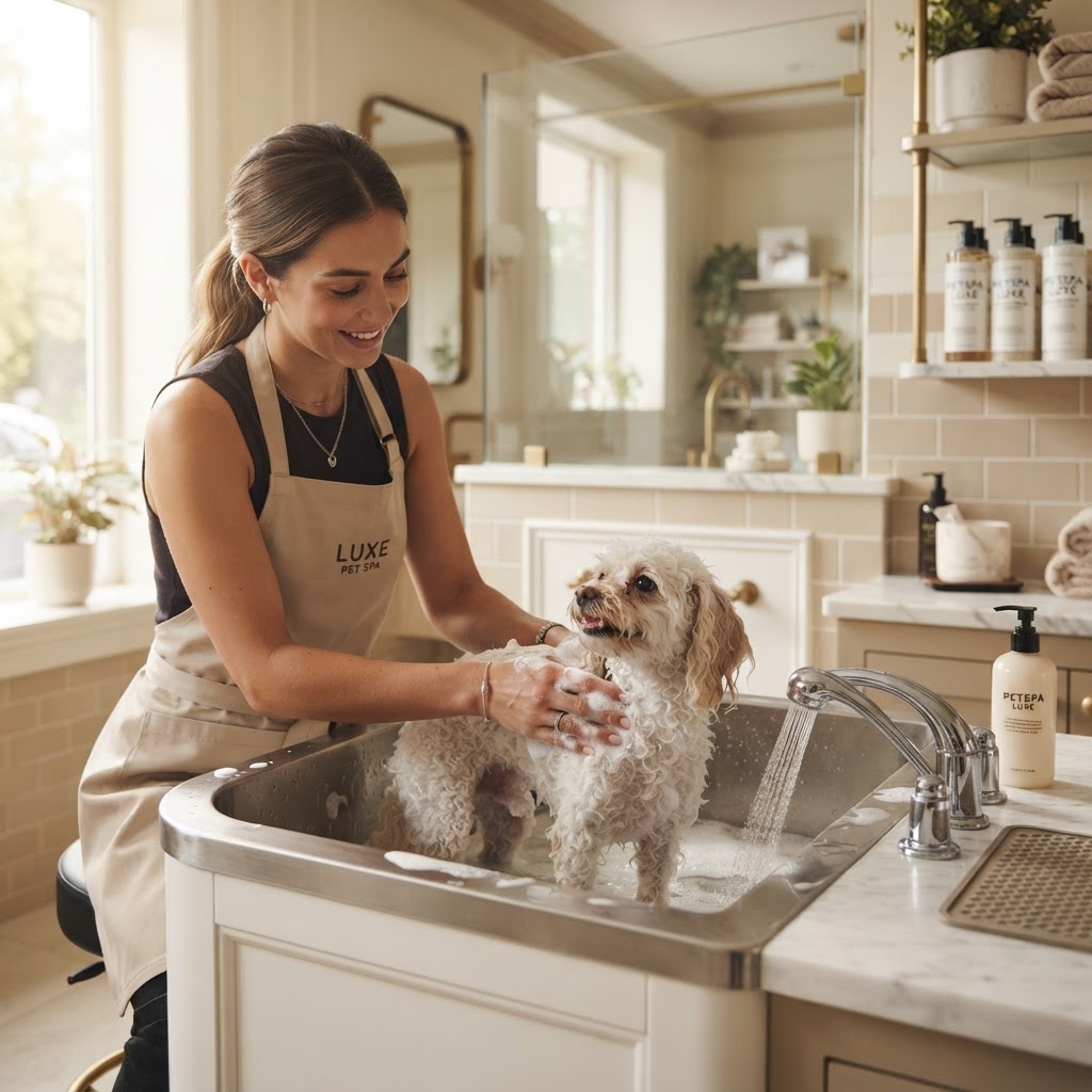 Estilista bañando un perro