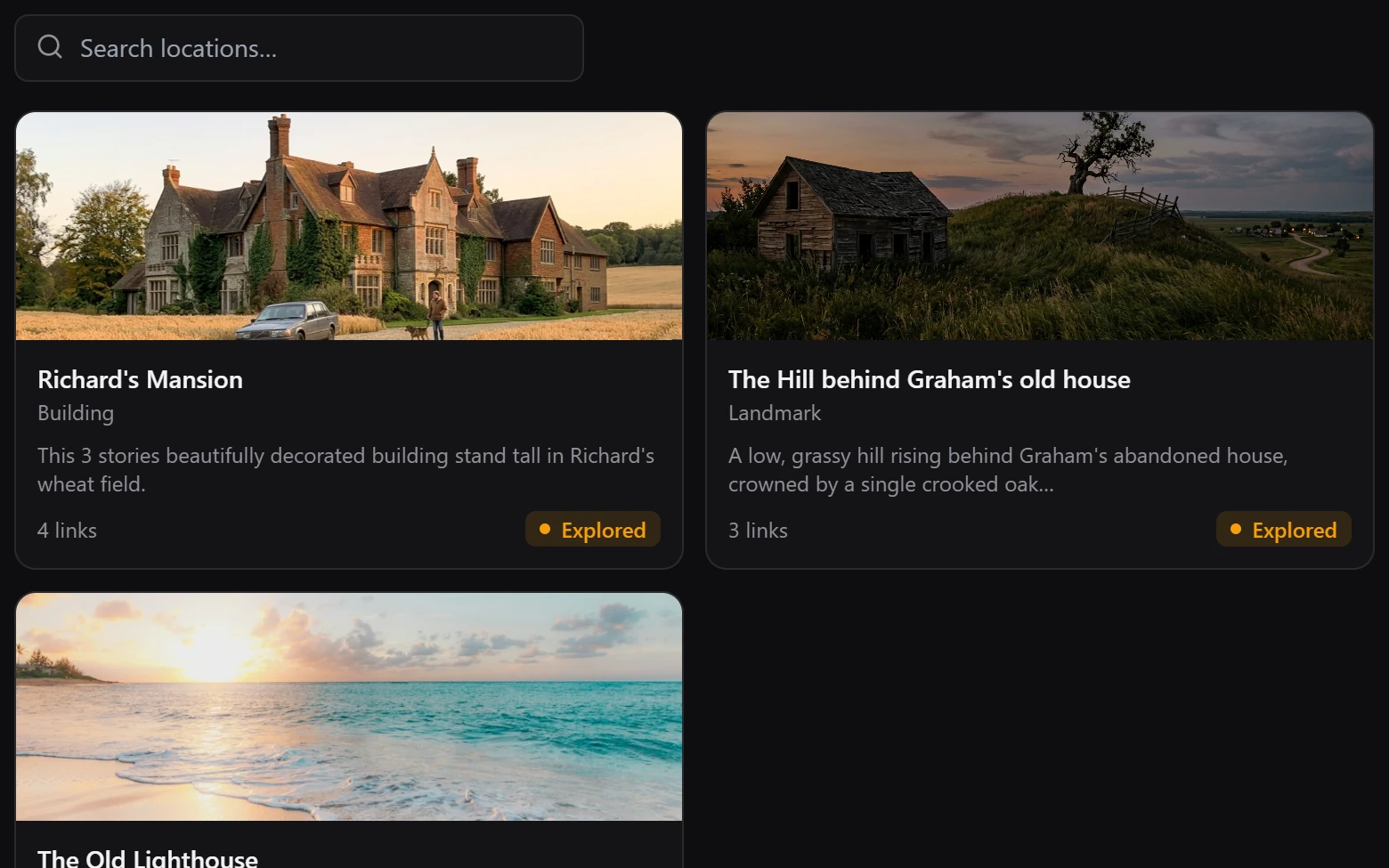 Location cards with cover photos and linked story elements