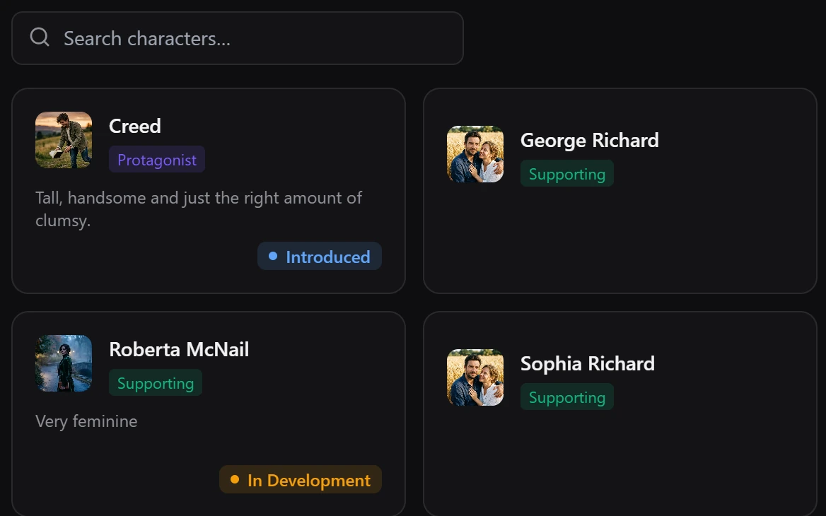 Character profiles with roles and statuses in Project Pana