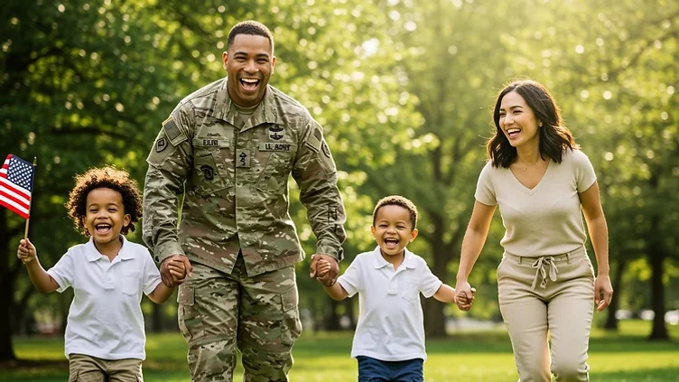 A military family walking together through a park in golden hour light