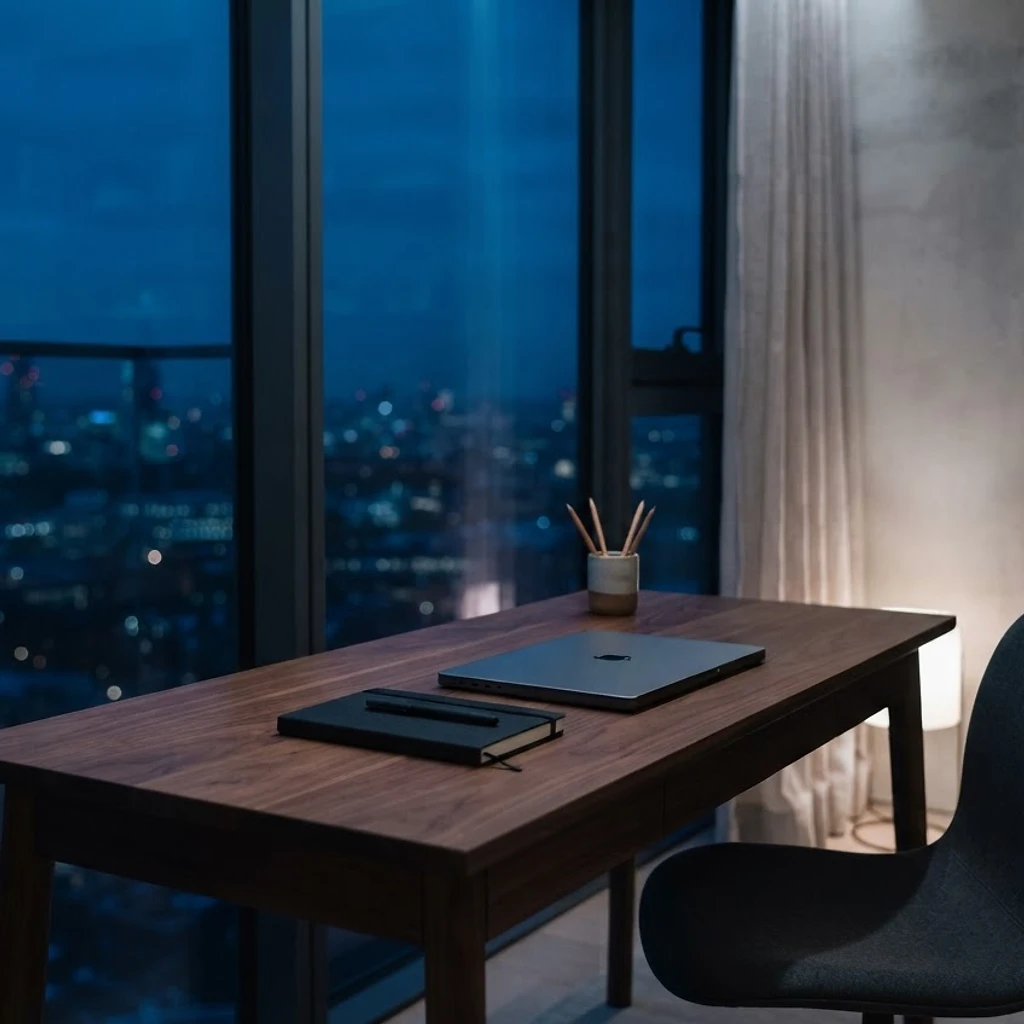 Quiet modern studio workspace with a silver laptop at dusk