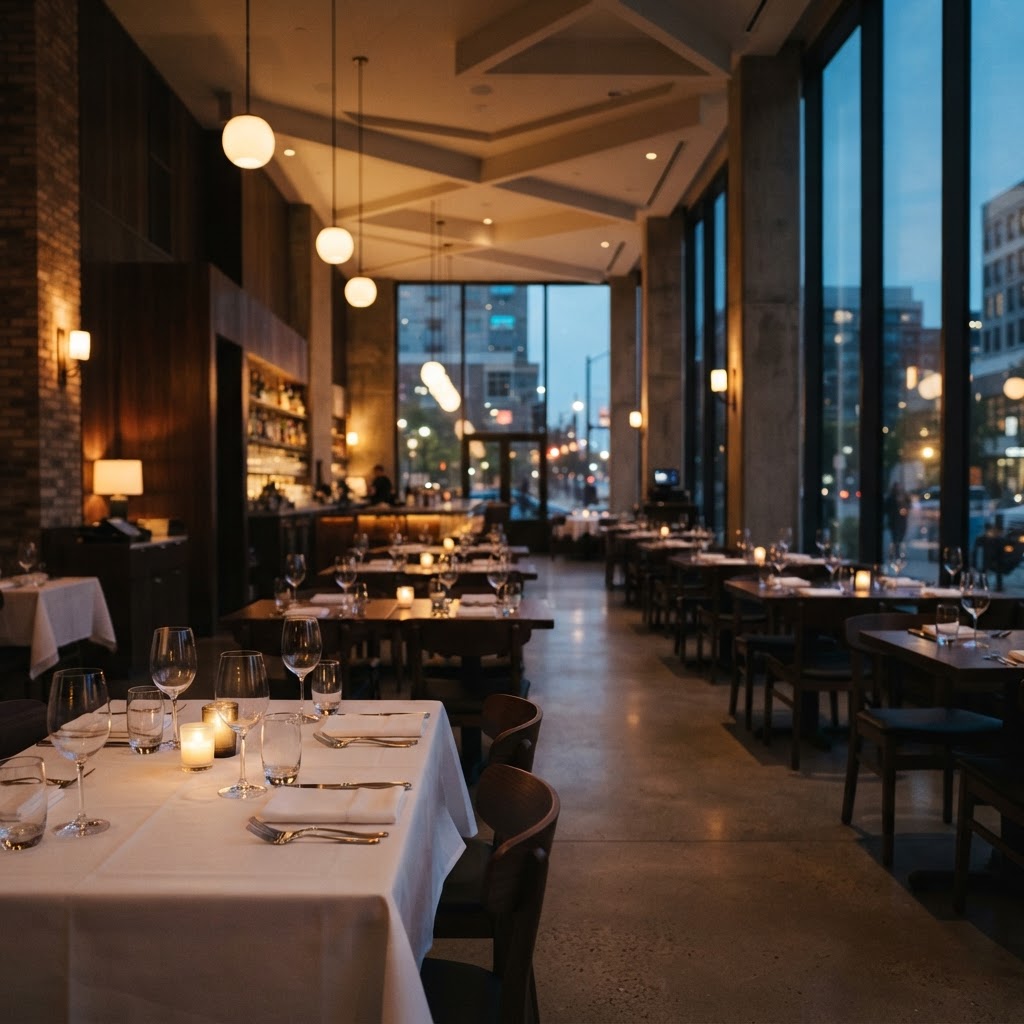 Modern restaurant interior at dusk with warm ambient lighting