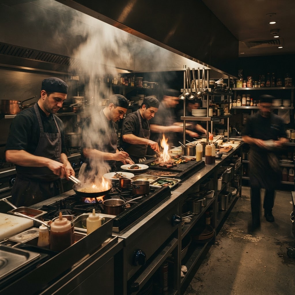 Restaurant kitchen line during service