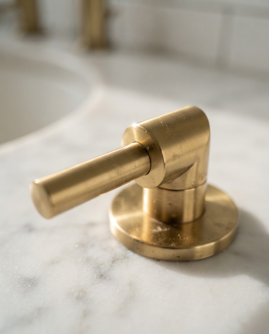 Macro detail of a polished brass faucet on marble