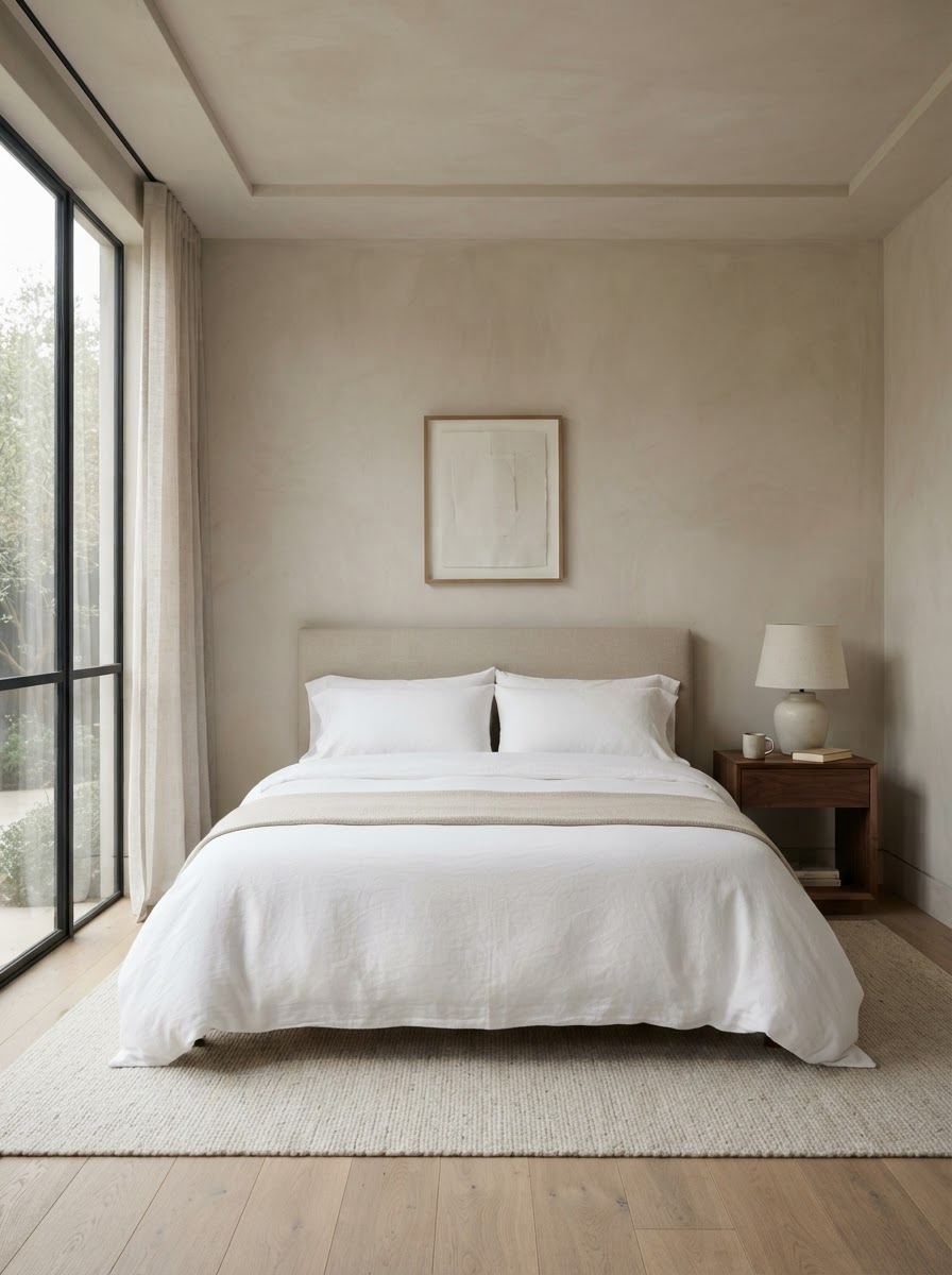 Minimalist bedroom with crisp white linens kept immaculate