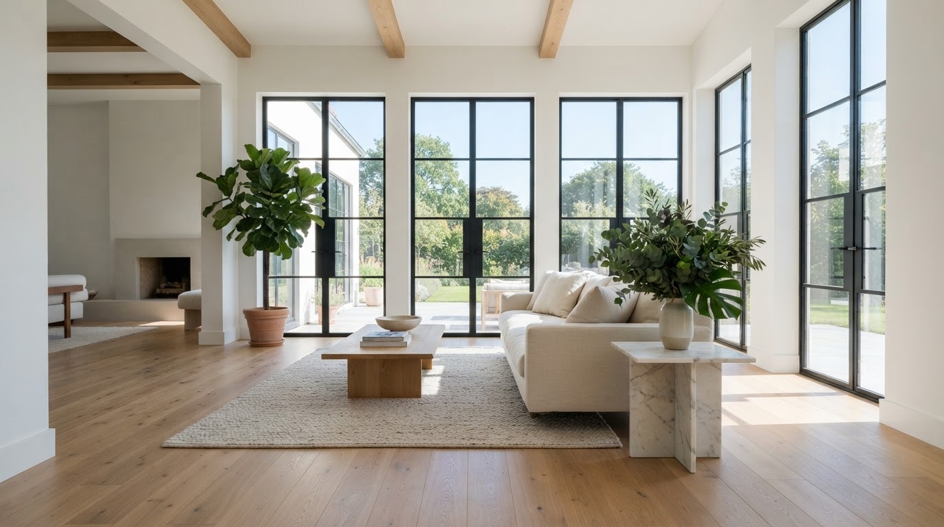 Sunlit minimalist living room restored to its calmest state
