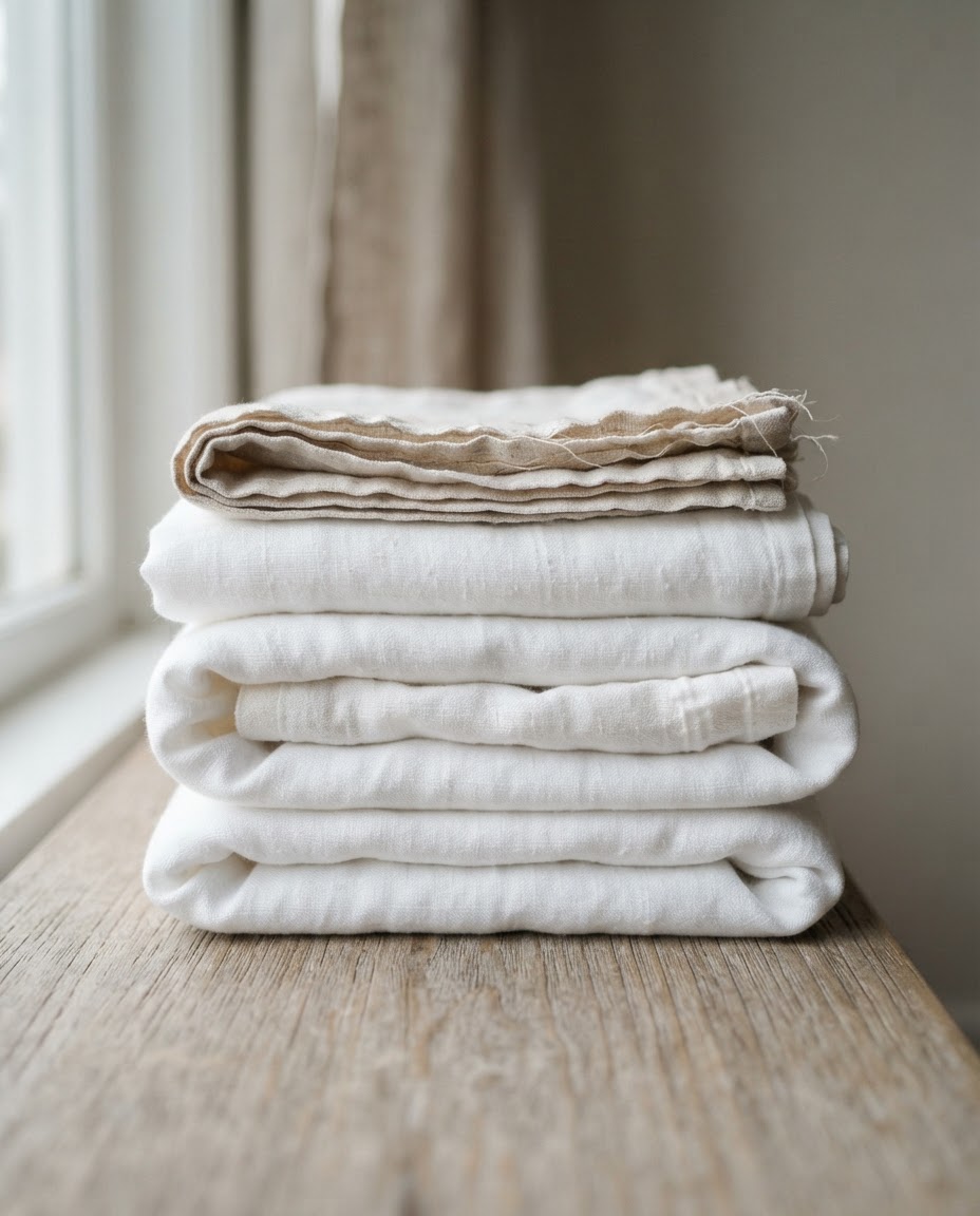 Macro detail of folded crisp white linen
