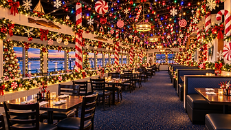 Sandollar decorated for Hard Candy Christmas with the river at sunset