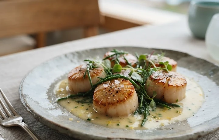Pan-seared scallops in coastal sunlight