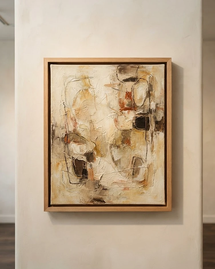 An original abstract canvas in a warm oak custom floater frame