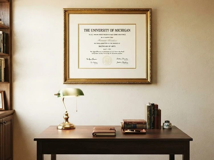 University diploma in a classic gold-gilded frame with a cream archival rag mat above a desk