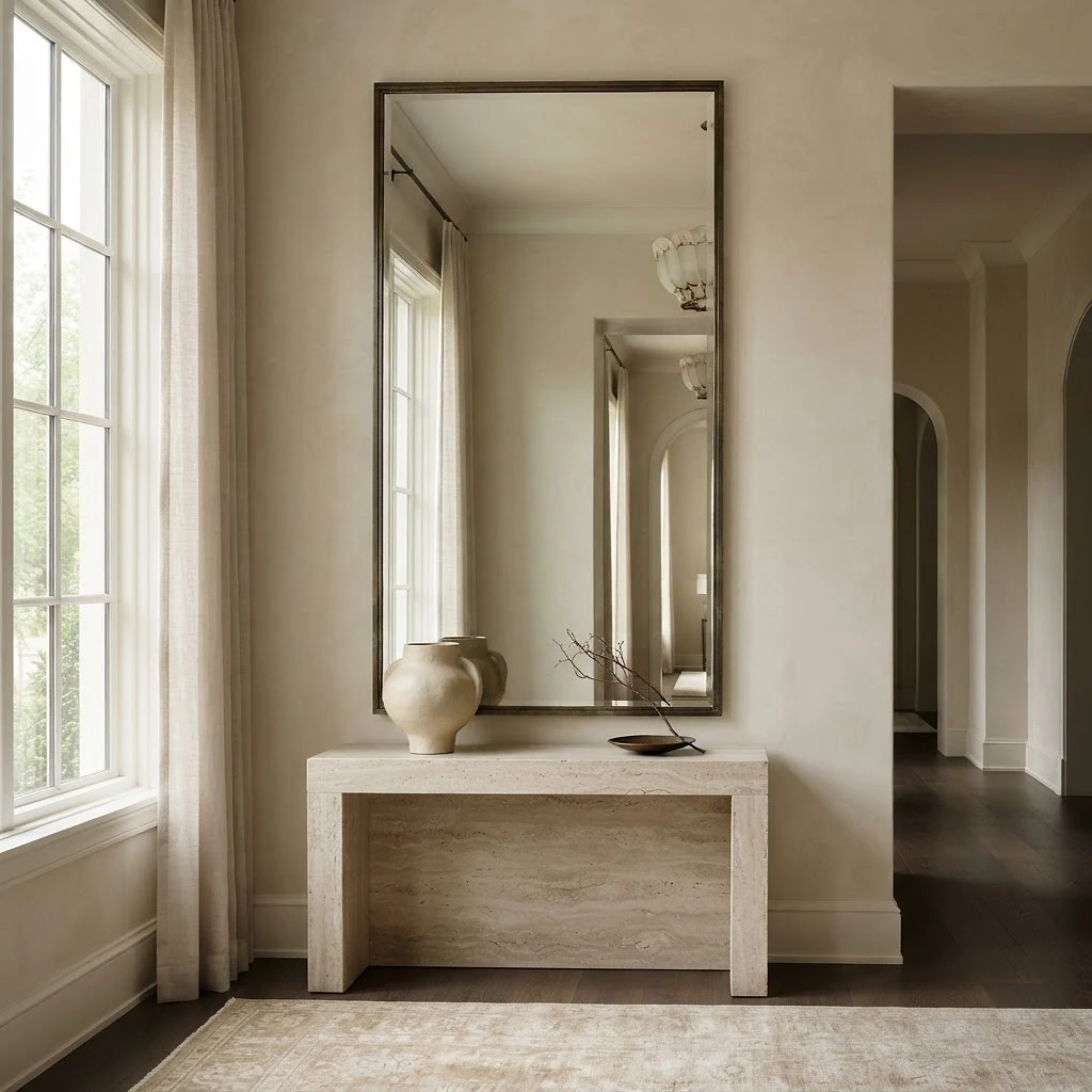 A large custom-framed mirror integrated into a high-end residential interior