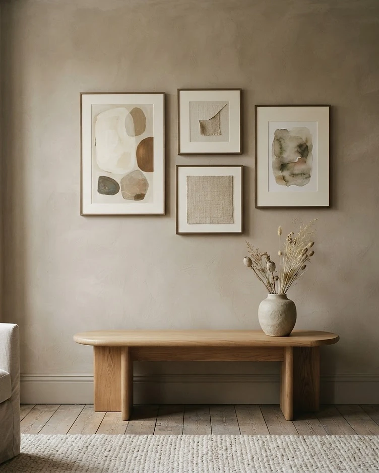A designer gallery wall of three framed artworks above a console