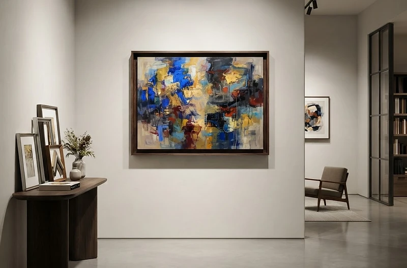A floating frame holding a moody abstract painting on a dramatic gallery-lit wall