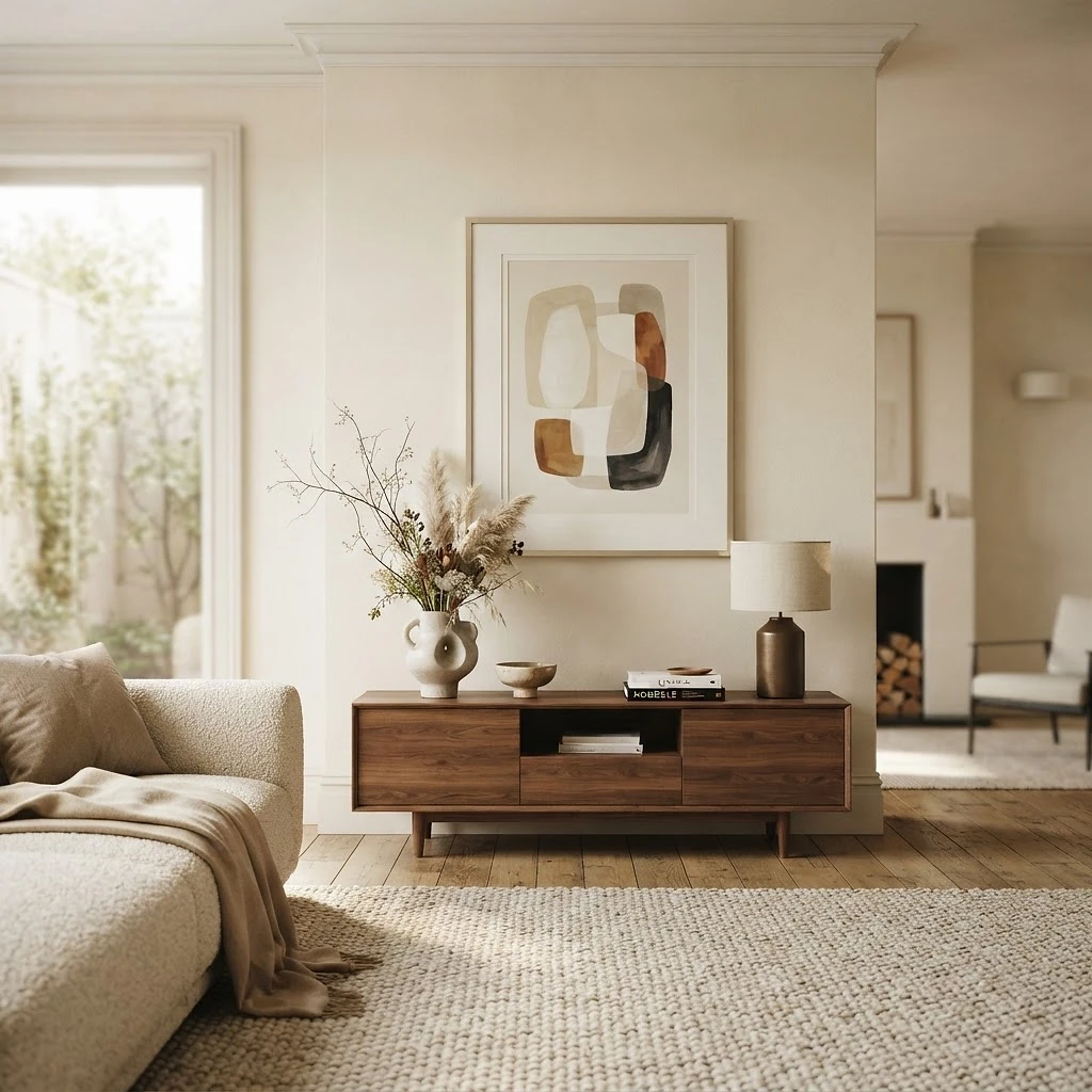 Custom-framed fine art displayed in a sophisticated residential interior