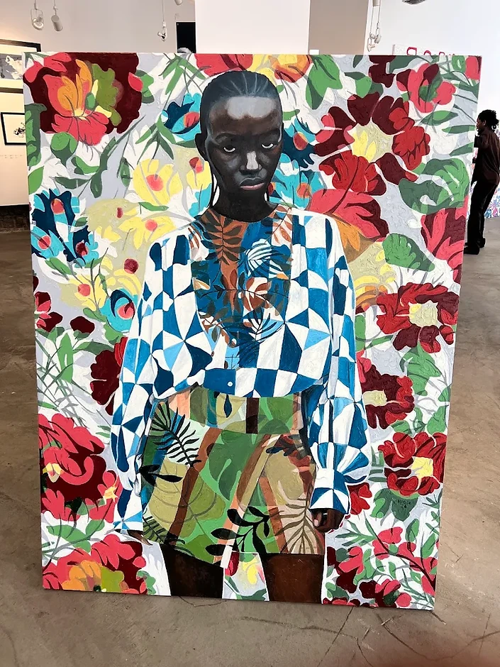 A custom-framed large-scale floral portrait painting, artwork courtesy of Alan Avery Art Company