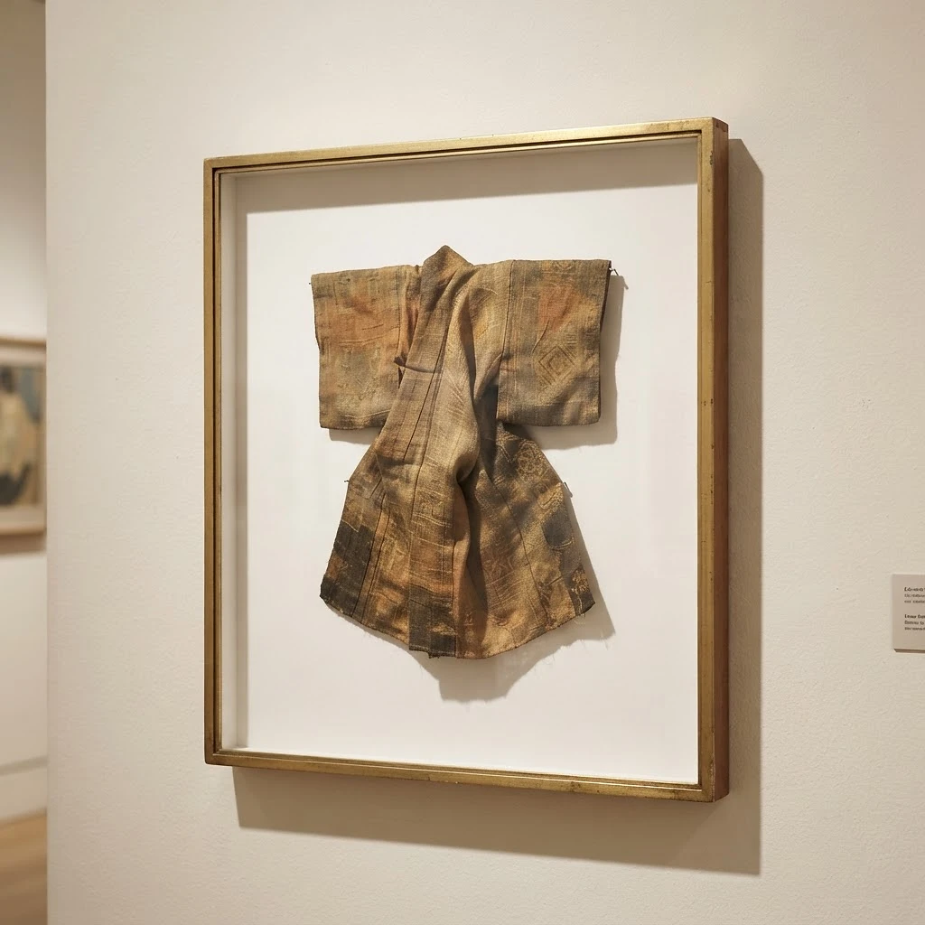 A sophisticated museum-quality shadow box framing a textile and dimensional object