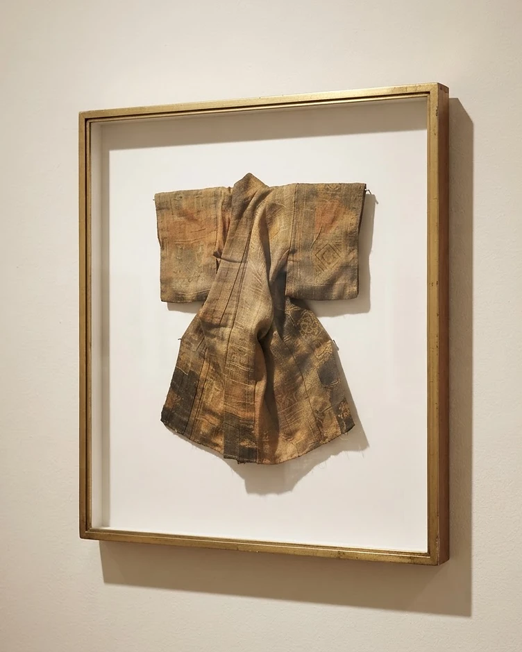 A sophisticated museum-quality shadow box framing a textile and dimensional object