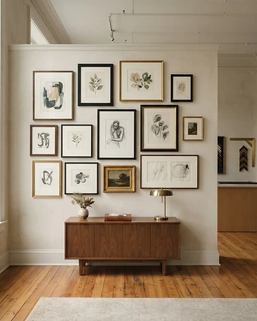 Salon-style gallery wall of custom framed fine art in walnut and gilded frames for a Buckhead residence