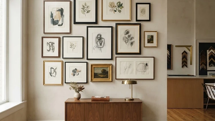 Gallery wall of custom framed fine art in walnut and gilded frames in a Buckhead residence