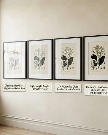 Framed print behind conservation museum glass with anti-reflective glazing
