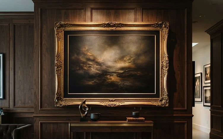 An oversized custom-framed print in an antique-gold frame in a dark walnut collection room