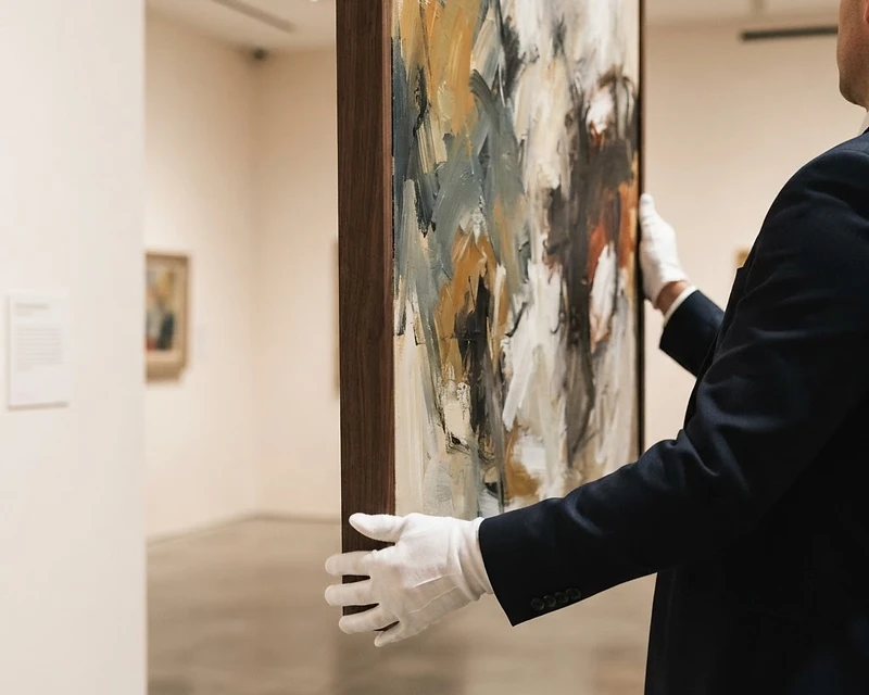 A gloved handler carefully lifts an ornate framed painting in a softly lit gallery