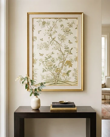 Framed Schumacher fabric panel in a traditional gilded frame with a wide archival mat