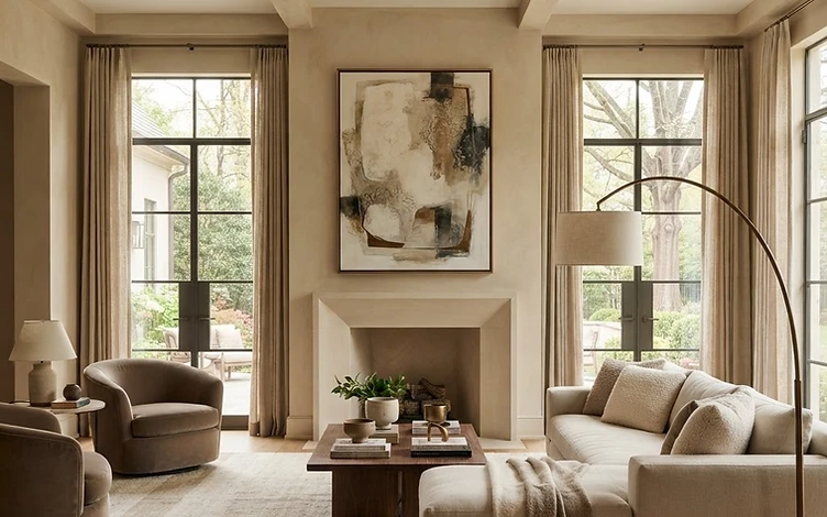 A large custom-framed abstract painting installed above a stone fireplace in an upscale Buckhead residence