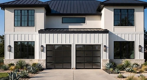 Generated garage door preview on a modern white Texas home