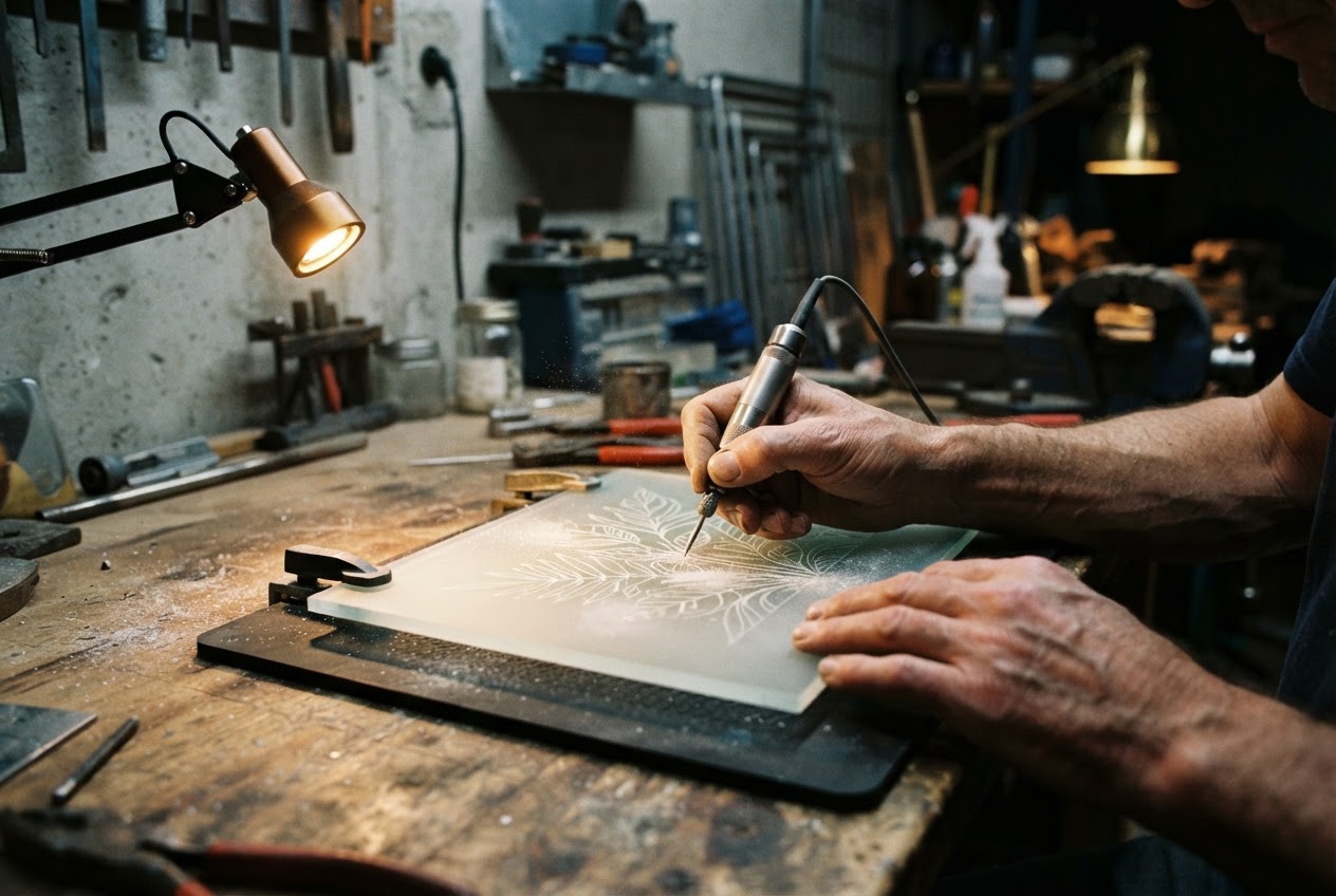 Craftsman working on a glass canvas