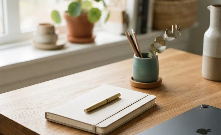 A calm, organized creative workspace with a notebook and pen in morning light