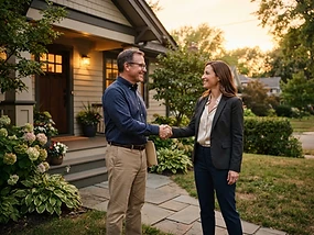A homeowner and a professional shaking hands in front of a well-maintained rental home