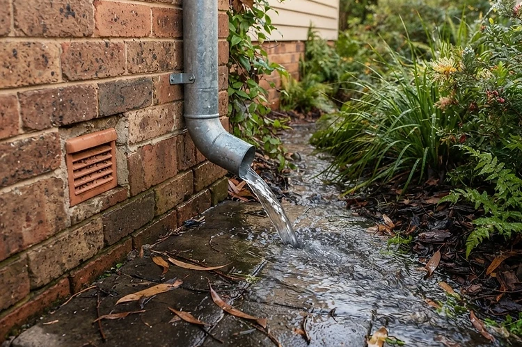 A downpipe discharging onto paving and away from the wall: one of the cheapest fixes on the list.