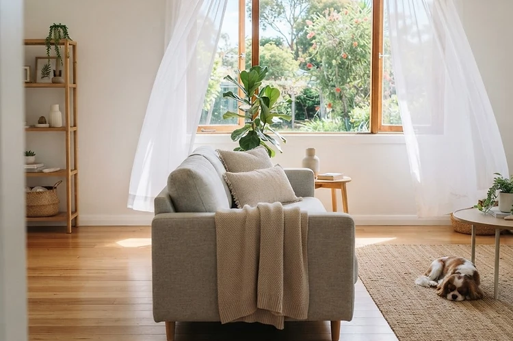 A cleared living room with windows open: ventilation and a little patience do most of the work after a treatment.